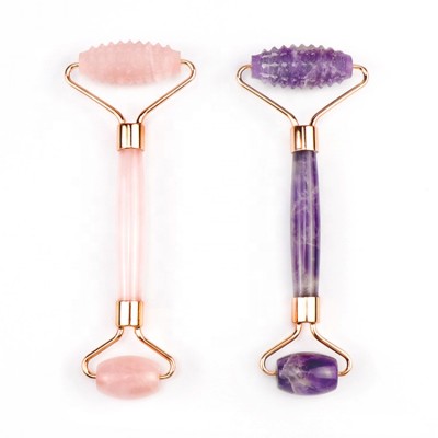 New Product High Quality Low Price Anti Aging Facial Natural Amethyst Pink Rose Quartz Needle Ridge Jade Roller